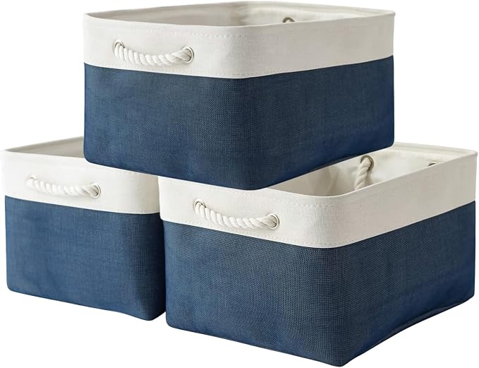 Collapsible Storage Bin for Shelves - Large 3 Pack 16x12x8 inch Storage Basket for Organizing with Handles, Canves Storage Box for Organizer Toy Closet Cloth Gift (White & Jean Blue)