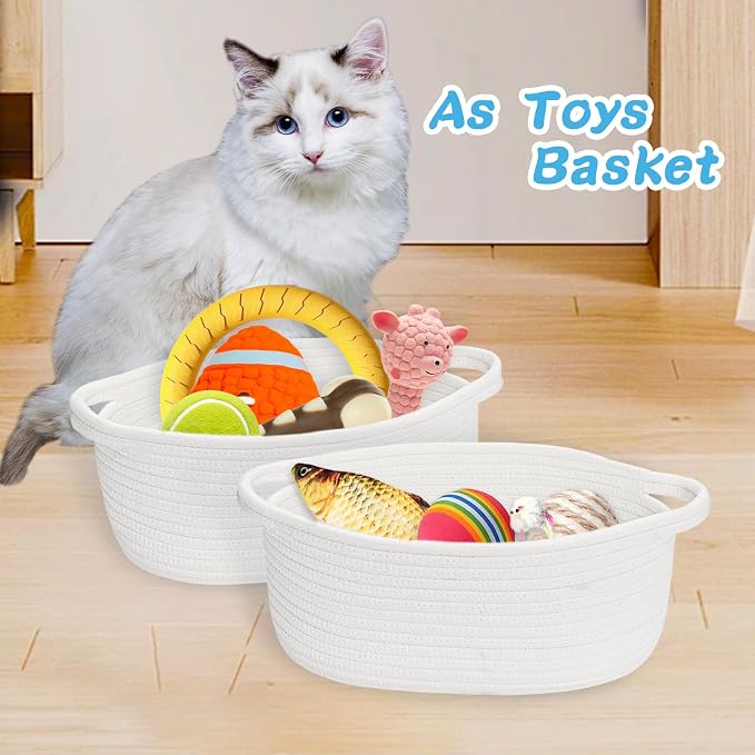ABenkle Small Basket Empty Gift Basket, Decorative Boho Rope Woven Nursery Storage Organizer Dog Toy Baskets for Baby Showers Christmas Easter with Gift Bags and Ribbons, 12"X 8" X 5", White