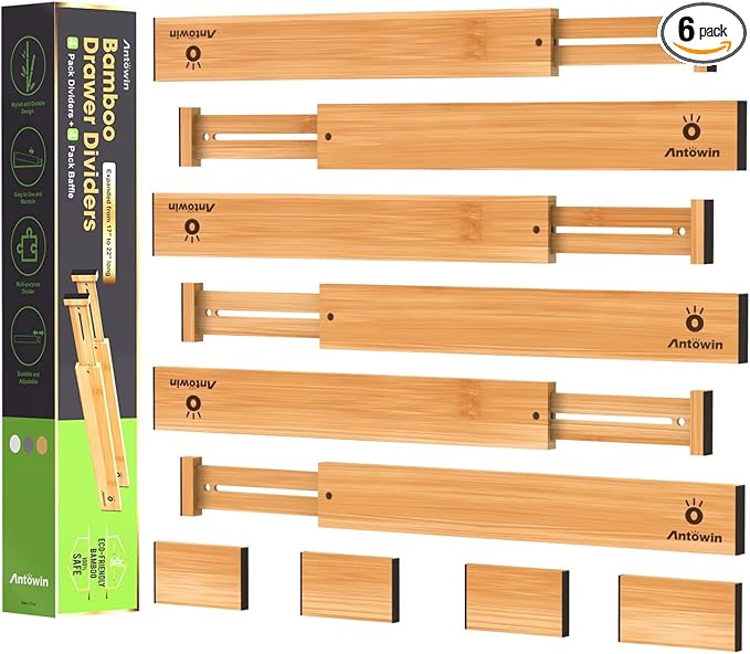Bamboo Drawer Dividers, Expandable Drawer Separators Splitter, 17-22 inches Adjustable Spring-loaded Organizer for Large Utensil, Clothes, Tools Drawers, 6 Pack Dividers + 4 Pack Baffle