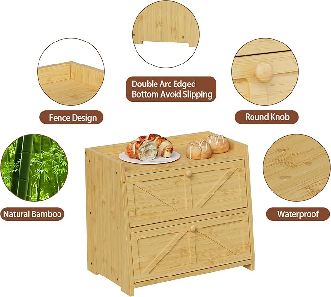 Trironsun Vintage Double Layer Bread Box for Kitchen Counter Bamboo Bread Storage Container Large Capacity Bread Storage Bin (Natural Bamboo)