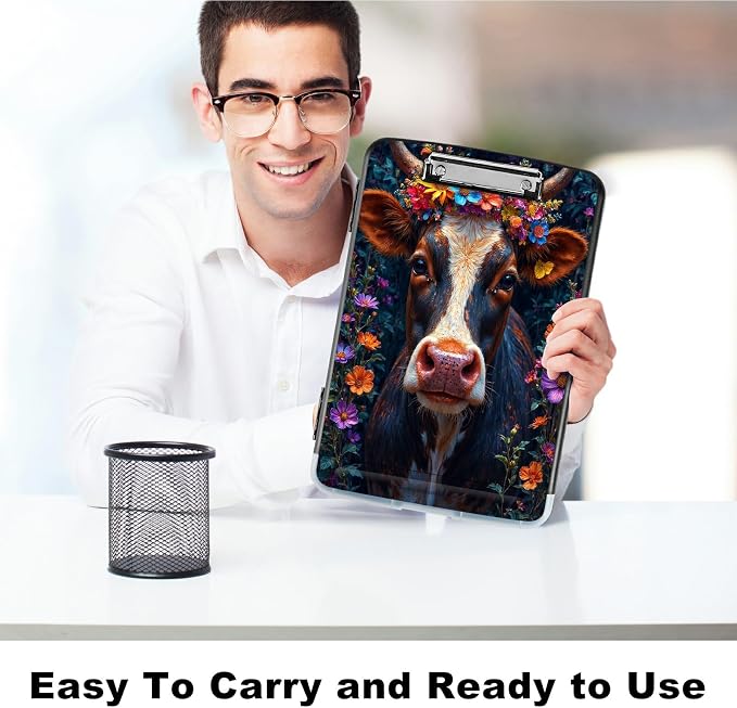 A4 Clipboard with Storage Pen Holder, Clipboards Organizer Nursing Clipboard Foldable File Folder Plastic Clipboard Folio Clip Board for Office Work Classroom Doctor, Black White Cow Flower
