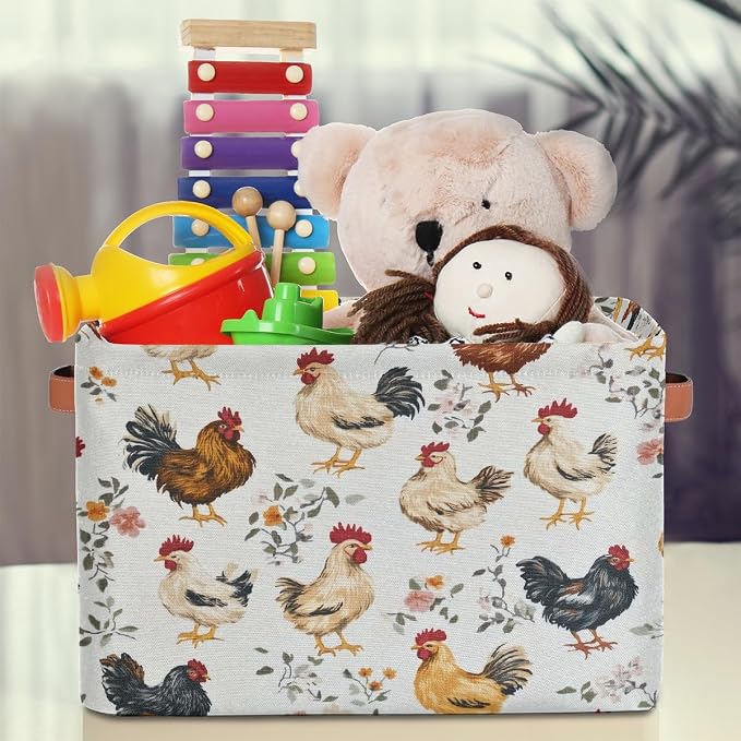 Chicken And Chicks Rectangular Storage Bin Collapsible Storage Basket Organizer Boxes with Leather Handle Storage Cube for Shelves Toy Laundry Nursery 1 PC