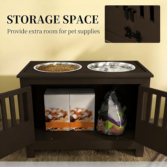 Dog Feeding Station with Storage, 2 Stainless Steel Bowls,Espresso, Elevated Dog Bowl Holder, Dog Feeder Stand, Wooden Dog Food Organizer for Indoor, Dog Food Storage Cabinet