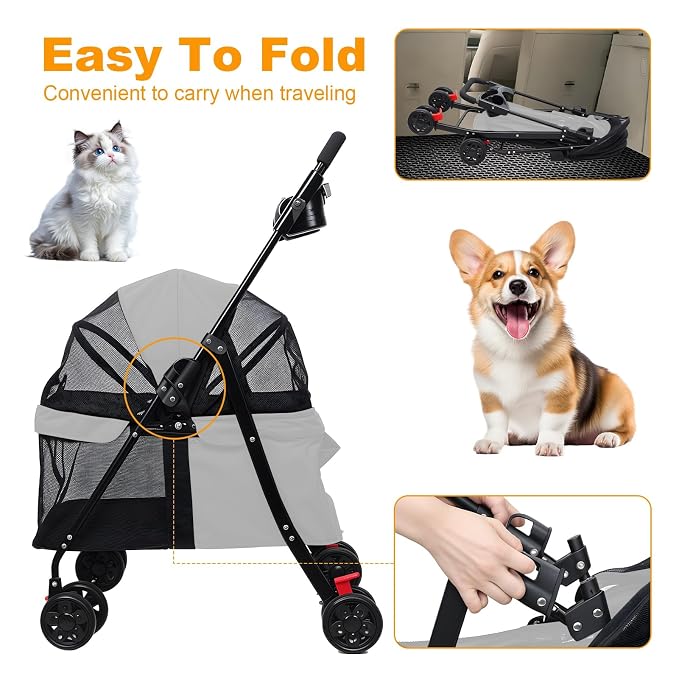 4‑Wheel Foldable Pet Stroller, Travel Strolling Cart for Small & Medium Dog | Breathable Visible Mesh Window, Cup Holder & Storage Basket, Rear Wheel Dual Brake, Portable Folding Design Light Grey
