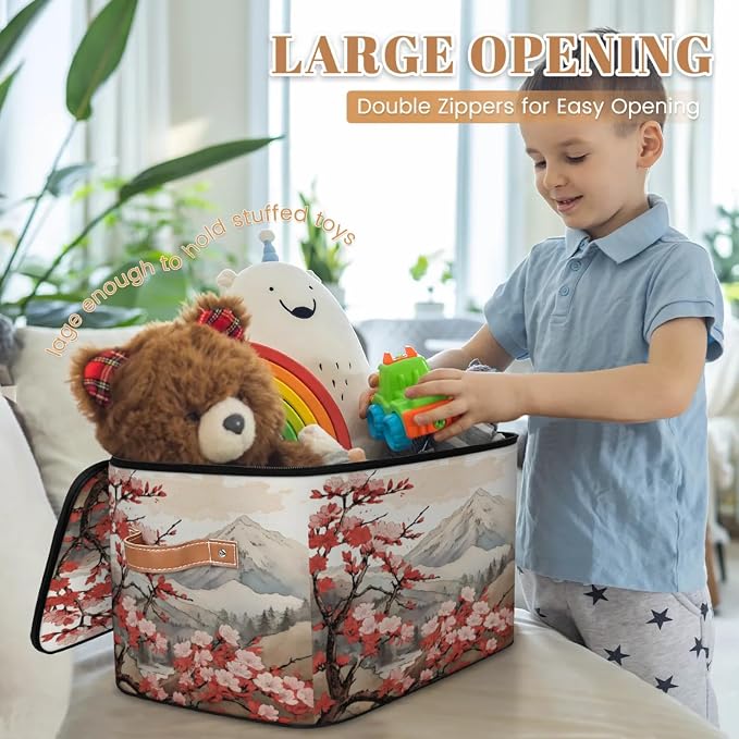 Storage Bins Japanese Cherry Blossoms Storage Basket with Zipper Lid & Handle Foldable Storage Box Storage Cube Bin Clothes Organizer for Closet, Bedroom