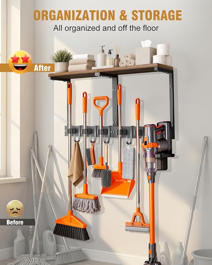 Large Broom Holder Wall Mount with Shelf, Vacuum Organizer, 5 Slots 5 Hooks | Black, 3-In-1 Wall Mount Stores Brooms/Mops/Vacuum, Cleaning Supplies With 5 Grippers/5 Hooks And A Sturdy Wooden Top Shelf