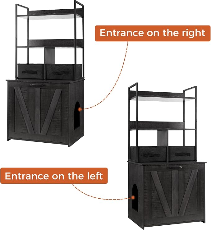 Dwanton Cat Litter Box Enclosure, 2 Storage Shelves and 2 Drawers, 50" H | 2-in-1 Hidden Cat Litter Box Enclosure Furniture with Shelf, Metal Frame, Reversible Entrance, Washable Drawers, Dark Grey