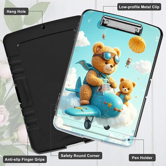A4 Clipboard with Storage Pen Holder, Clipboards Organizer Nursing Clipboard Foldable File Folder Plastic Clipboard Folio Clip Board for Office Work Classroom Doctor, Airplane Bear