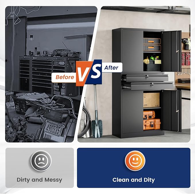 Metal Garage Storage Cabinet with Locking Doors and Adjustable Shelves, 71" Tool Storage Cabinet with 2 Drawer for Garage,Warehouse