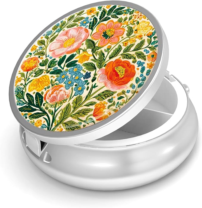 Pill Box-3 Compartment Small Pill Case for Purse & Pocket Mini Metal Pill Holder Travel Pill Container to Hold Supplements Vitamins BPA-Free (A-Flowers-04)
