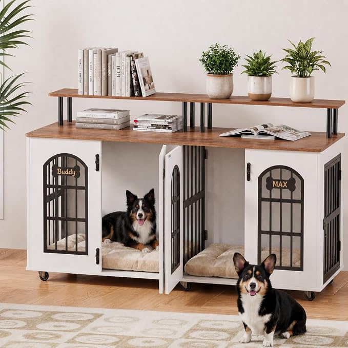 Petrova 63" Dog Crate Furniture for 2 Dogs, Heavy Duty Indoor Dog Kennel for Medium/Large Dogs, Wooden Dog Cage with Removable Divider, 6 Lockable Wheels, Storage Compartment, White
