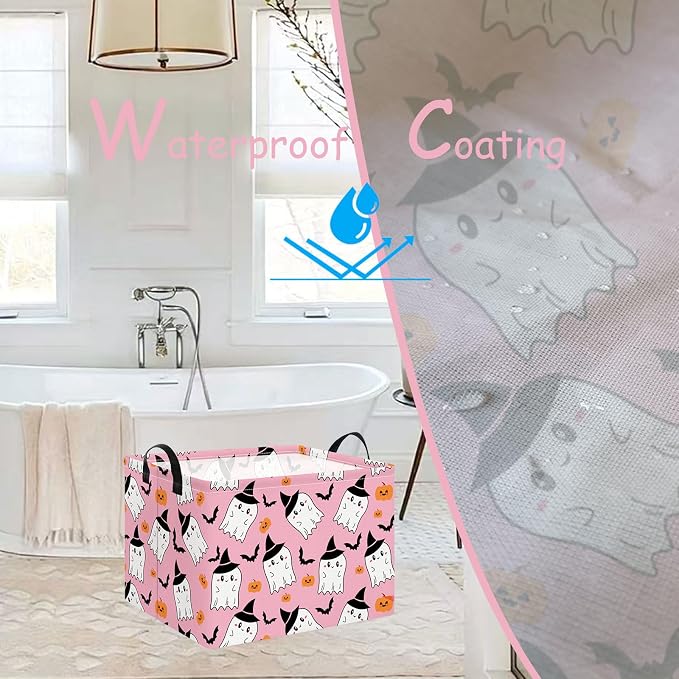 NTAO Gift Storage Basket Empty for Halloween, Storage Bin with Handles, Room Decor, Book Box(Pink Ghost Bat)