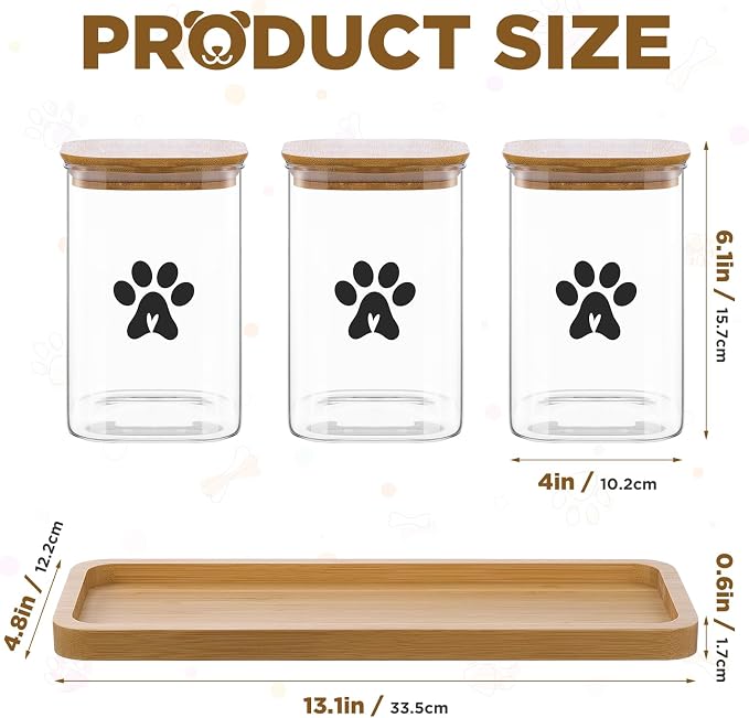 3 Pack Airtight Dog Treat Containers with Bamboo Lids, 37 oz Pet Treat Jars | Dog Food Organizer, Food Holder with Bamboo Lids, Wood Tray, Scoop, Labels, Pen, Dog & Cat Treat Container for Countertop