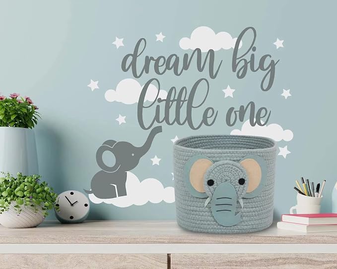 T&T Homewares Small Cotton Rope Baskets with Safari Theme Design for Baby Diaper Organizer, Nursery Storage, Nursery Room Decor, Kids Room Organizer, Cat Dog Toy Storage (Small Elephant)