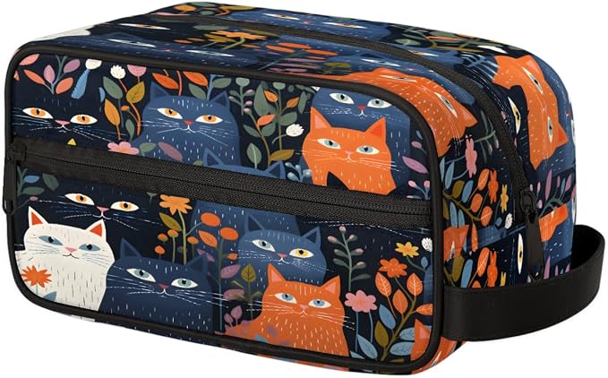 QsirBC Cute Cats Pets Flowers Versatile Toiletry Bag Cosmetic Makeup Organizer Travel Shaving Kit with Handle Large Capacity Waterproof Polyester Bag for Men Women