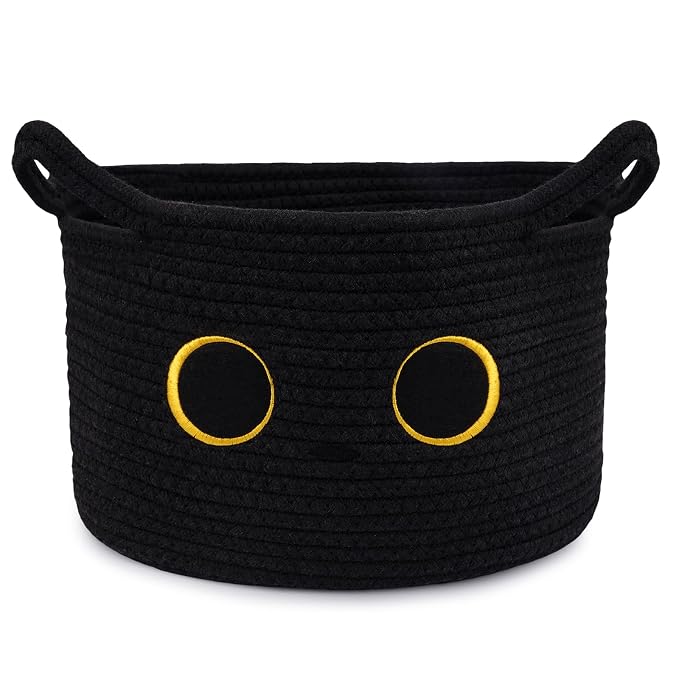 Cute Cat Toy Basket, Large Cotton Rope Toy Bin Box for Cats Bin | Oval Baby 0rganize Blanket Shower Hamper with Handles, Decorative Storage Cat Bin, Halloween Decor,13"D x 8"H IN