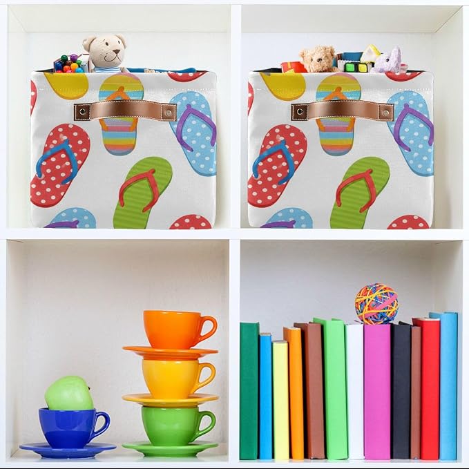 susiyo Large Foldable Storage Bin Summer Flip-Flops Fabric Storage Baskets Collapsible Decorative Baskets Organizing Basket Bin with PU Handles for Shelves Home Closet Bedroom Living Room-1Pack