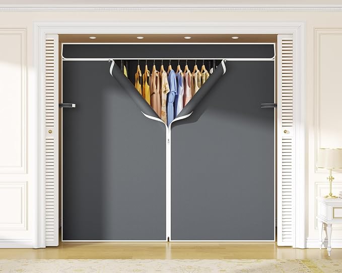 E3C Black Clothes Rack with Gray Cover, Heavy Duty Garment Rack | Freestanding Metal Closet System Storage Organizer for Clothing, Clothing Rack Holds up to 850 lbs, 59.5"W x 16.5"D x 77.4"H