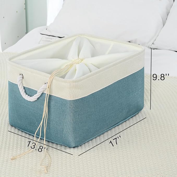 Storage Baskets for Organizing - Extra Large 3 Pack 17x14x10 inch Storage Bins for Shelves Closet Nursery Bathroom Bedroom Baby Clothes Dog Toy Home Organization (White & Green)