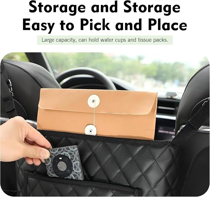 Car Purse Holder Between Seats, Large Capacity Hanging Between Seat Car Organizer with Front Pocket, Multi-functional Auto Storage Bag, Universal Interior Backseat Barrier (Black #A)