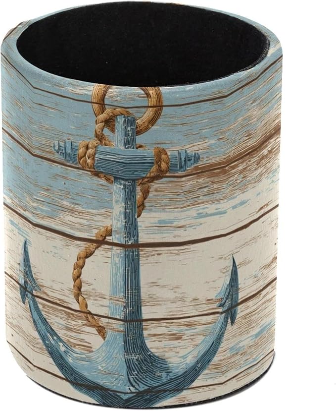 Faux Leather Pen Holder for Desk, Pencil Organizer Retro Anchor Pen Cup Desk Decor Makeup Brush Holder Storage for Office Home