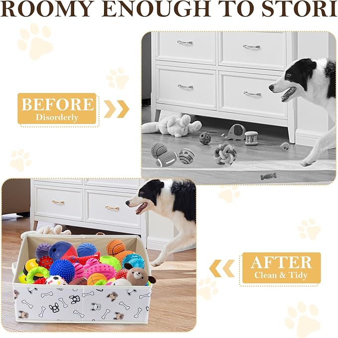 Geyecete Foldable Dog Toy Organizer Boxes - Cloth+Cardboard Trapezoid Storage Box with Handle, Basket for Toys (Beige Dog Head Print)