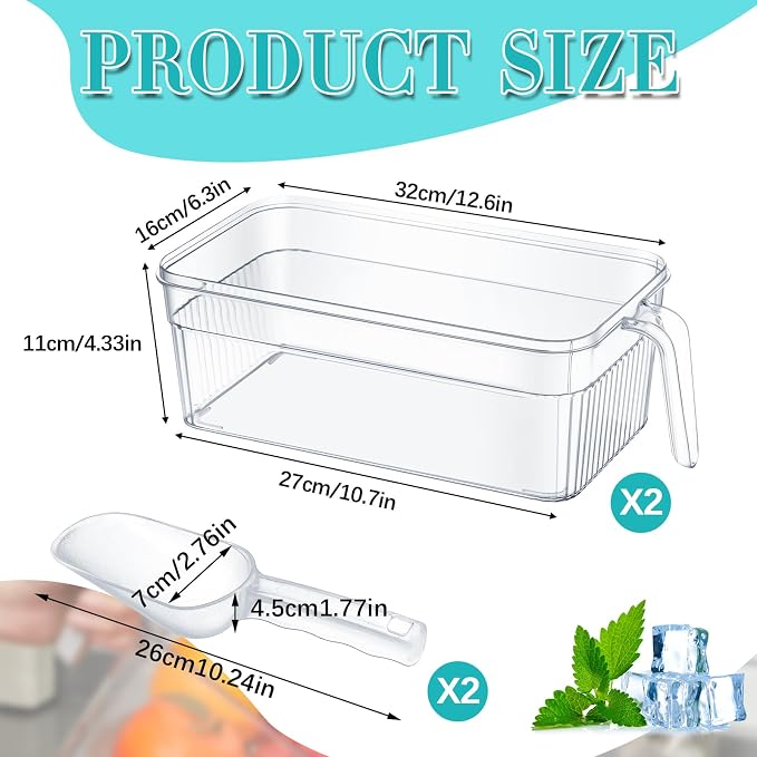 Havawish Ice Storage Bin and Flexible Scoop Set Plastic Freezer Bin | Freezer Ice Bin Scoop, Clear Bucket Container, Pull Handle, Flexible Storage, 12.6 X 6.3 X 4.33 in