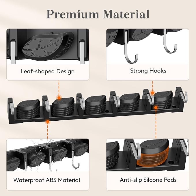Lifewit Mop and Broom Holder Organizer Wall Mount Non-Slip, 1 Pack, Black | Easy Install One Handed Push Cleaning Tool Hanger with 6 Hooks 5 Slots, Heavy Duty Hanging Utility Rack for Garden, Garage