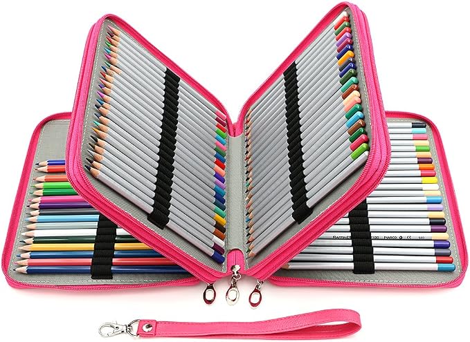 BTSKY Deluxe PU Leather Pencil Case For Colored Pencils - 120 Slot Pencil Holder with Handle Strap Handy Colored Pencil Box Large (Rose Red) | Pencil Holder with Handle Strap Handy Colored Pencil Box Large for Artists, Adults Coloring, Sketching, Drawing