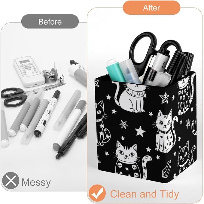 PU Leather Pen Pencil Holder Halloween Gothic Witch Moon Star Cat Skull Black And White Pencil Cup Stationery Container Box Makeup Brush Holder Storage Organizer for Office Supplies