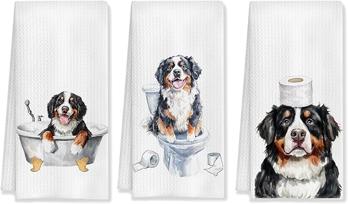 Funny Bernese Mountain Dog Bathroom Hand Towels Set of 3, Bernese Mountain Dog Gifts, 16x24 Inch Cotton Kitchen Cloths