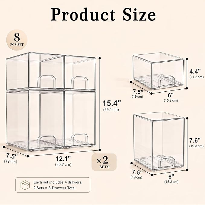 Clear Stackable Storage Drawers: Acrylic Organizer Bins 8 Pack | for Baby Bottle makeup Ideal for Countertop, Vanity, Station, Bathroom, Kichen Cabinet Pantry Organization