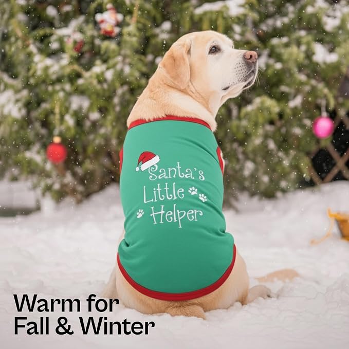 Parisian Pet Dog T-Shirt - Embroidered “Santa’s Little Helper “ Shirt - Lightweight Cotton Dog Christmas Outfit - Sleeveless Christmas Pet Clothes - Shirts for Large Dogs - M