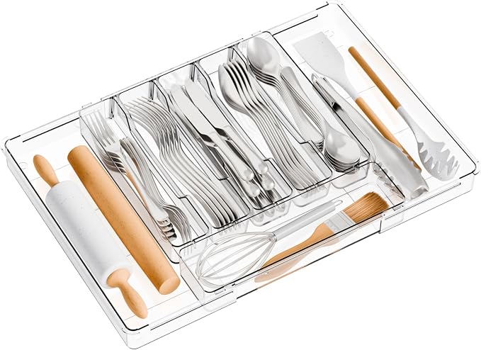 Large Clear Expandable Silverware Drawer Organizer for Kitchen,BPA FREE Adjustable Utensil Drawer Organizer and Silverware Tray,Plastic Flatware Organizers,Cutlery,Knife,Fork and Spoon Holder