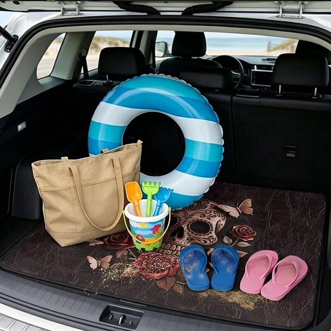 Howilath Vintage Brown Skull Rose Car Trunk Mat 29"x39" All Weather Cargo Liner Durable Rear Trunk Protection Stylish Vehicle Interior Accessories for Car SUV Truck