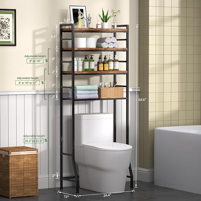 Over The Toilet Storage Rack,4-Tier Over Toilet Bathroom Organizer with Adjustable Wooden Shelves,Freestanding Space Saver Bathroom Cabinet Shelves Over Toilet,Over Toilet Storage, Vintage Brown