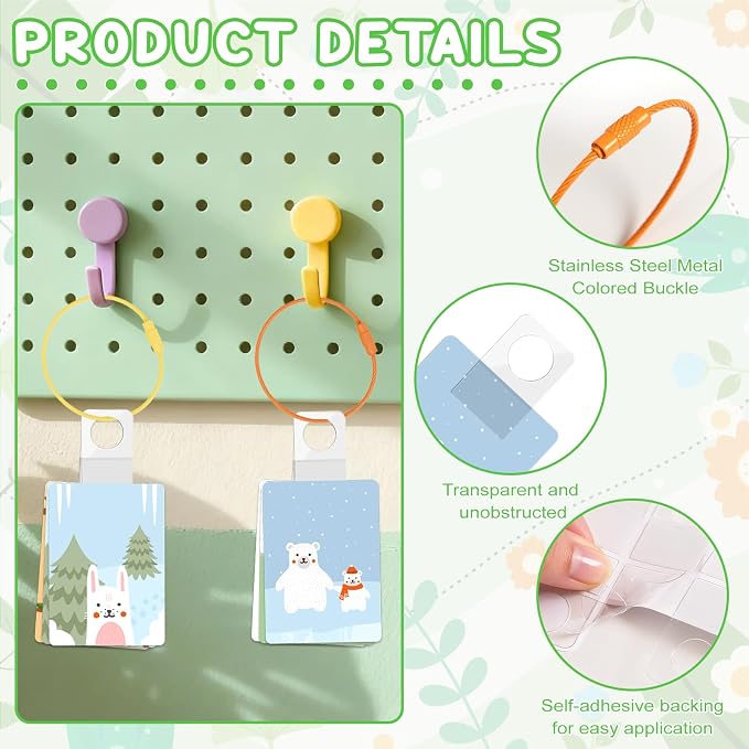 Holder for Cards Rings and Tabs, 100 PCS Clear Self Adhesive Hanging Tabs with 10 Metal Rings, Plastic Sticky Hang Tags for Retail Display, Card Accessories Organizer for Storage and Display