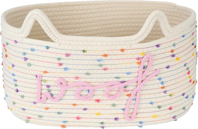 Sea Team Dog Toy Storage Basket with Handles and Ears, Rainbow Woof | Large Cotton Rope Storage Bin, Shelf Basket, Organizer for Pet Chew Toys, Foods, 16.5 x 11 x 7 Inches, 4.4 Gallons