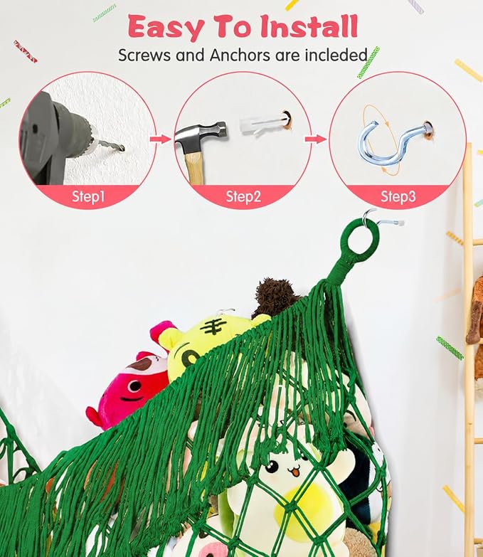 Stuffed Animal Hammock - Extra Large 63'' Long (Emerald green) | Premium Cotton Hand-knitted, Beautiful Long Tassel, Storage Hanging Organizer, Can Fit Stuffed Animals 40 Piece or More