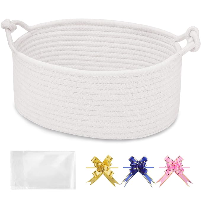 Small Empty Gift Basket with Bag & Ribbons, White | 12“x8”x5”, Cotton Rope Woven Basket for Birthdays, Baby Showers, Mother's Day, Christmas; Stores Small Items, Kids & Pet Toys