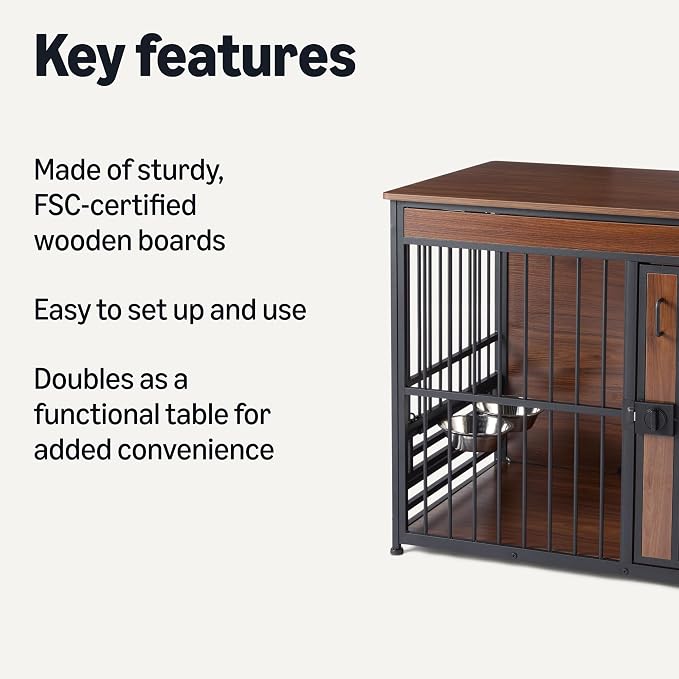 Amazon Basics Furniture Style Dog Crate, Sturdy Wooden Pet Kennel, Two Bowls Included, 41" x 23.6" x 29.5", Walnut