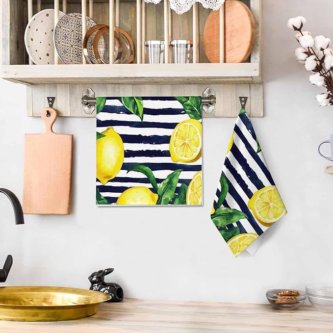 Lemons 2Pcs Kitchen Towels Watercolor Golden Lemon Stripes Green Leaf 16X24 Inch Ultra Soft Tea Towel Super Absorbent Terry Dish Towels for Kitchen Linens