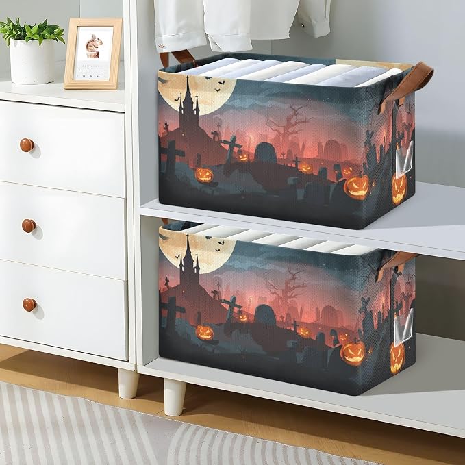 Halloween Spooky Graveyard Storage Basket Foldable Cube Storage Bins with Handles&Label Waterproof Collapsible Organizer Box Bin Large Rectangle Decorative Baskets for Shelves Home Room Laundry-2 PC