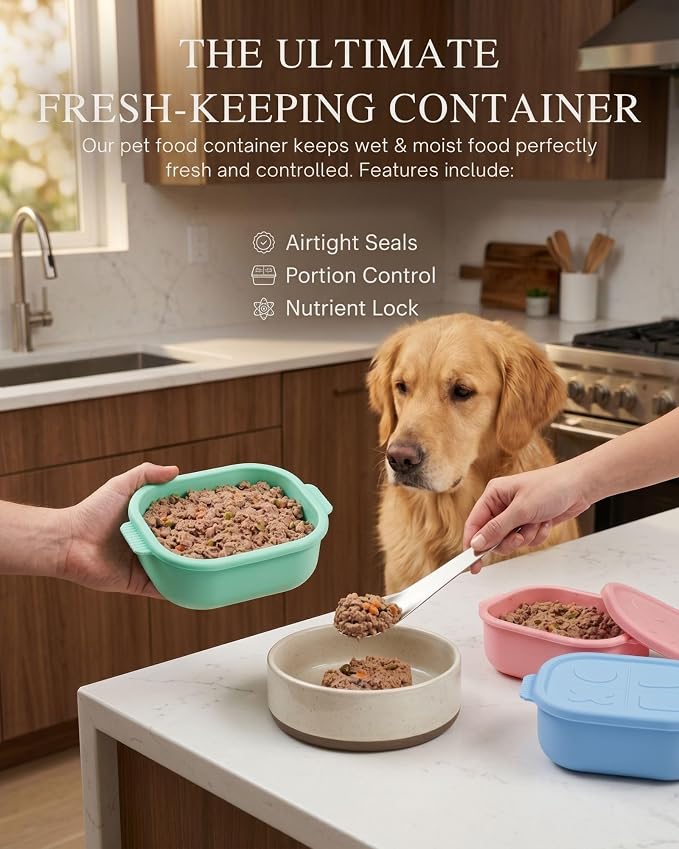 2ME Odor Sealed Silicone Pet Wet Food Containers（3-Pack, 22oz）- Airtight Storage Boxes for Homemade Dog Cat Food & Canned Food Portioning - Freezer Microwave Dishwasher Safe with Stainless Steel Scoop
