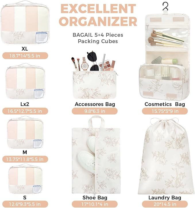 BAGAIL 9 Set Packing Cubes with Packing List Luggage Packing Organizers for Travel Accessories (Pink floral)