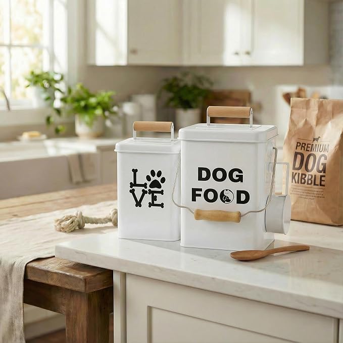 Dog Food Storage Container Set of 2 Dog Treat Container with Airtight Lids Dog Treat Jar with Scoop Metal Dog Food Holder with Wooden Handles for Kitchen Counter and Pantry Home Decor - Beige