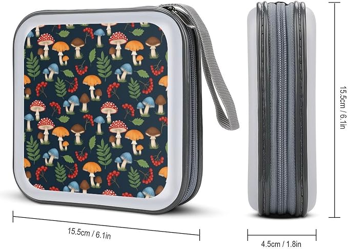 Hard Plastic Protective CD Case Mushroom Art, 40-Disc Capacity Storage Binder with Zipper, Portable Organizer for Home Office