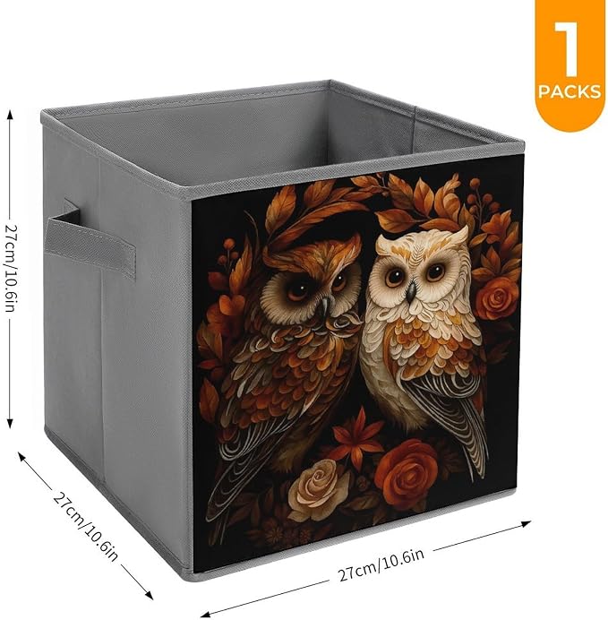 Owl Foldable Storage Bins, 10.6" Cube Storage Organizer, Sturdy Oxford Cloth Fabric Baskets for Closet, Shelf, Nursery, Bedroom, Decorative Printed Box for Toys & Clothes