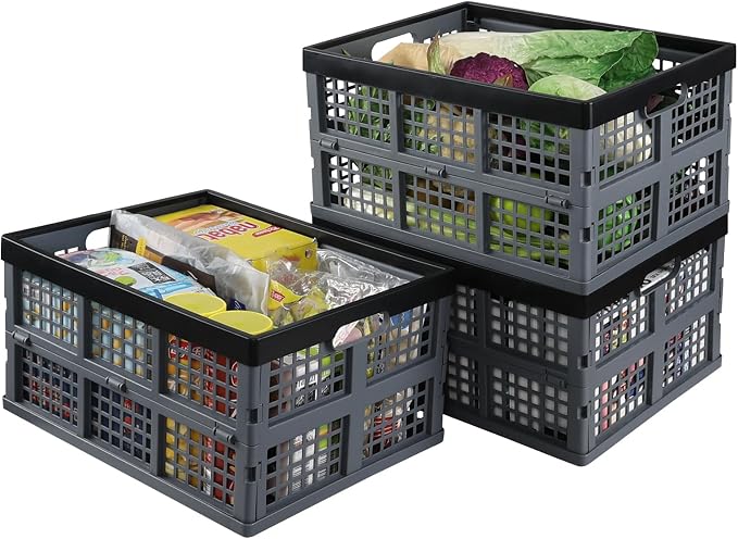 Folding Storage Crate 34 L, Collapsible Milk Crate 3 Packs, Grey