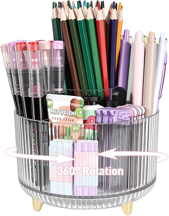 360 Rotating Pen Pencil Holder for Desk, Pen Organizer with 5 Slots | Makeup Brush Holder, Desk Organizer and Accessories, Cute Pencil Cup Caddy for Office School Home Decor Art Supply (Clear)